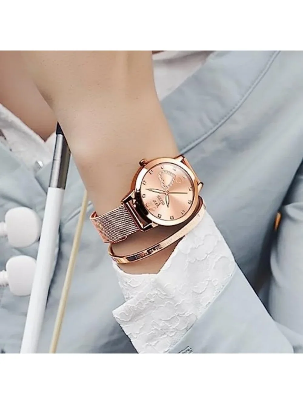 Stylish Rose Gold Women's Watch - Mesh Strap, Waterproof, Luminous, Heart Design